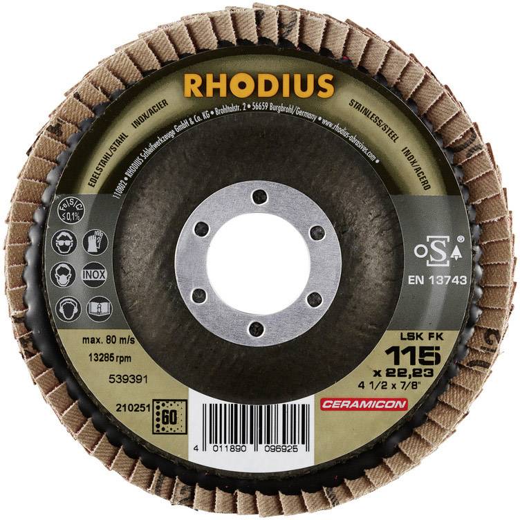 Brusný kotouč s názvem značky 'RHODIUS', vhodný pro nerezovou ocel, max. 80 m/s, 13 286 ot./min, 4 1/2 x 7/8 palce, různé symboly.