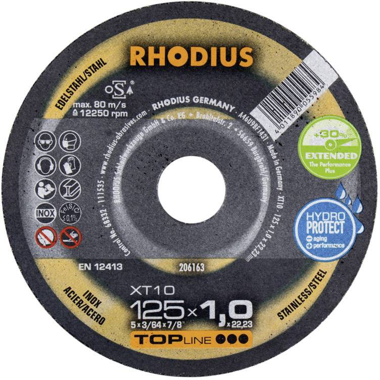 Brusný kotouč 'RHODIUS', průměr 125 mm, tloušťka 1 mm, na nerezovou ocel, max. otáčky 80 m/s, Hydro Protect, certifikováno dle EN 12413.