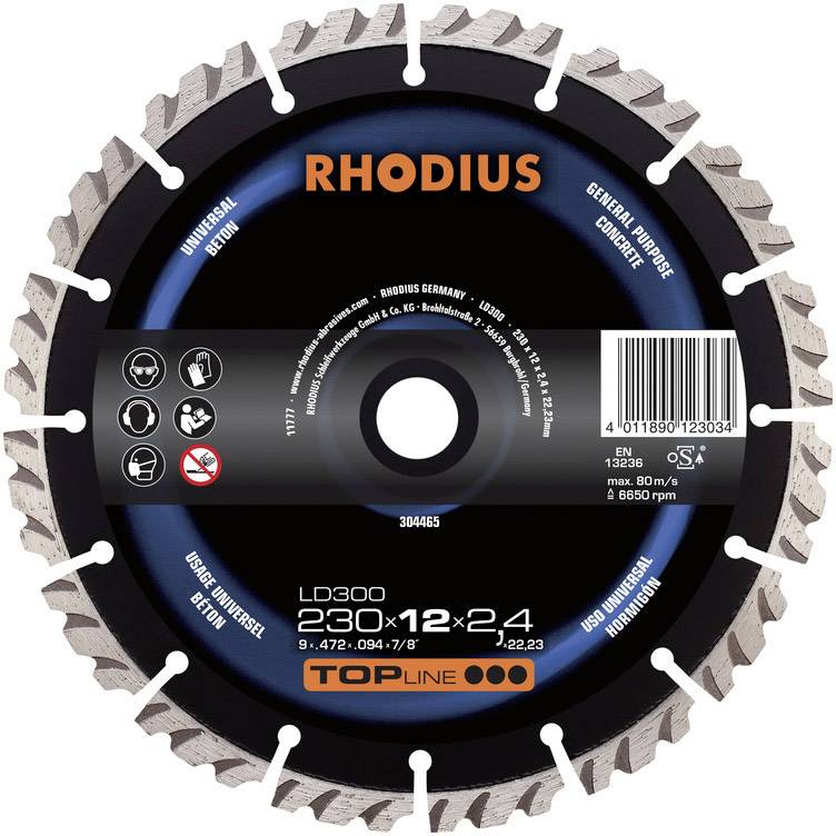 Řezný kotouč Rhodius pro beton a univerzální použití. Průměr: 230 mm, tloušťka: 2,4 mm. Maximální rychlost: 80 m/s.