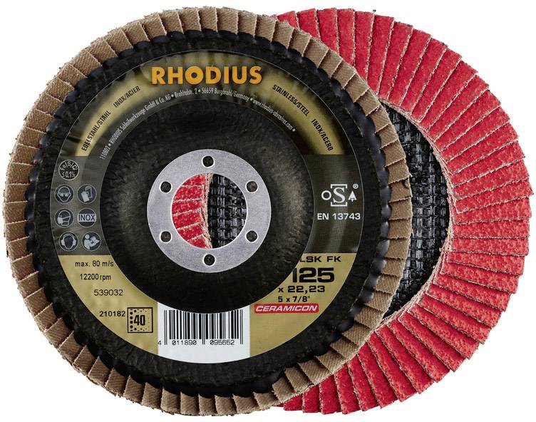 'RHODIUS' brusný lamelový talíř v hnědé a červené barvě, zobrazující firemní logo a technické detaily včetně rozměrů a bezpečnostních označení.