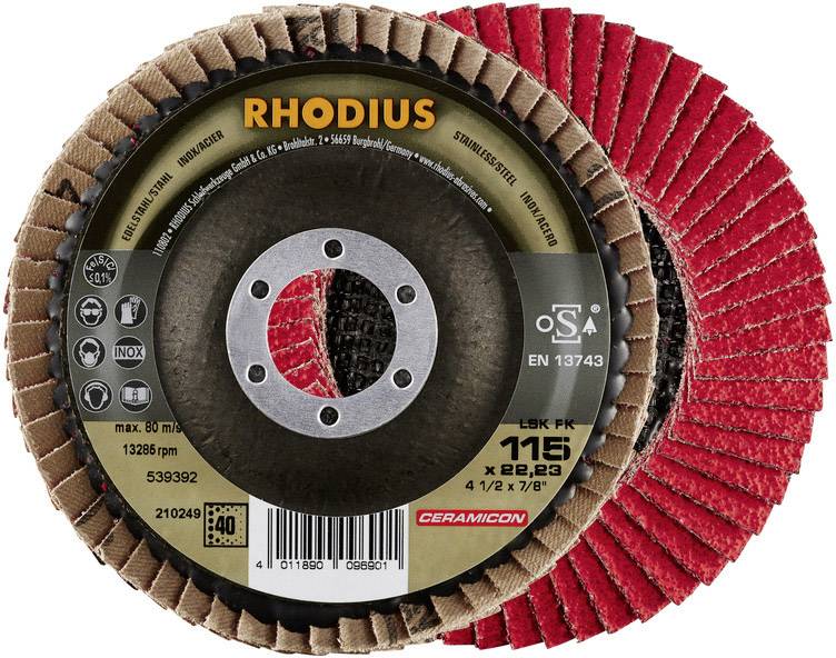 Dva brusné kotouče značky Rhodius v červené barvě s etiketou. Etiketa zobrazuje model, velikost '115 x 22,23' a bezpečnostní a kvalitativní certifikáty.