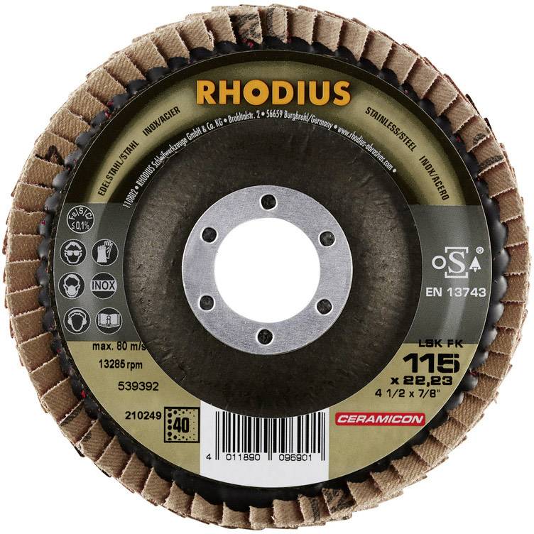 Brusný kotouč 'RHODIUS' pro obrábění kovu, max. 80 m/s, s keramickým povlakem a otvorem uprostřed, určený pro úhlovou brusku.
