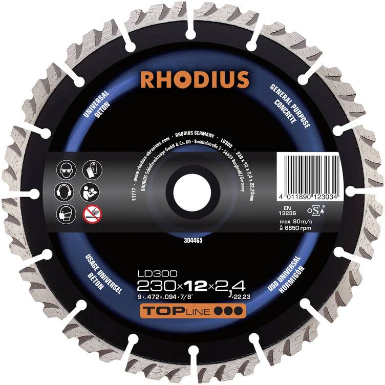 Řezný kotouč 'RHODIUS', model LD300. Univerzální zpracování betonu. Průměr 230 mm. Maximální otáčky: 6650 ot/min.