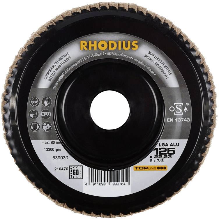 Obrázek zobrazuje brusný kotouč značky 'Rhodius'. Kotouč má průměr 125 mm a je vhodný pro hliník a neželezné kovy.