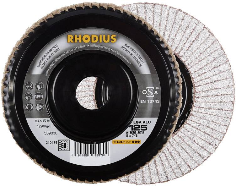 Brusný kotouč s nápisem 'RHODIUS', průměr 125 mm, vhodný pro hliník, max. 12 200 ot./min, certifikovaný podle EN 13743.