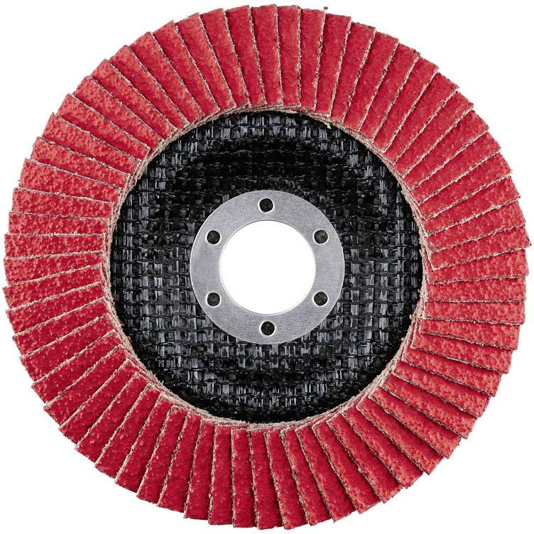 Kulatý brusný kotouč s červenými vrstvami pro opracování materiálu. Ve středu se nachází kovový disk s několika otvory.