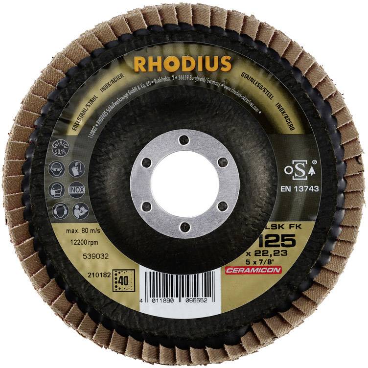 Řezný kotouč značky Rhodius pro zpracování nerezové oceli, průměr 125 mm, s keramickým povrchem.