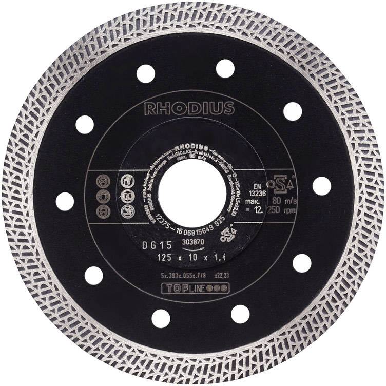 Černostříbrný diamantový řezný kotouč od Rhodius, model DG15, průměr 125 mm. Vhodný pro keramické materiály.