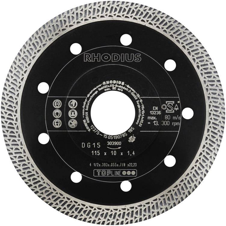 Černý řezný kotouč od 'Rhodius', model DG15, 115x1,4 mm. Obsahuje bezpečnostní označení a technické specifikace.
