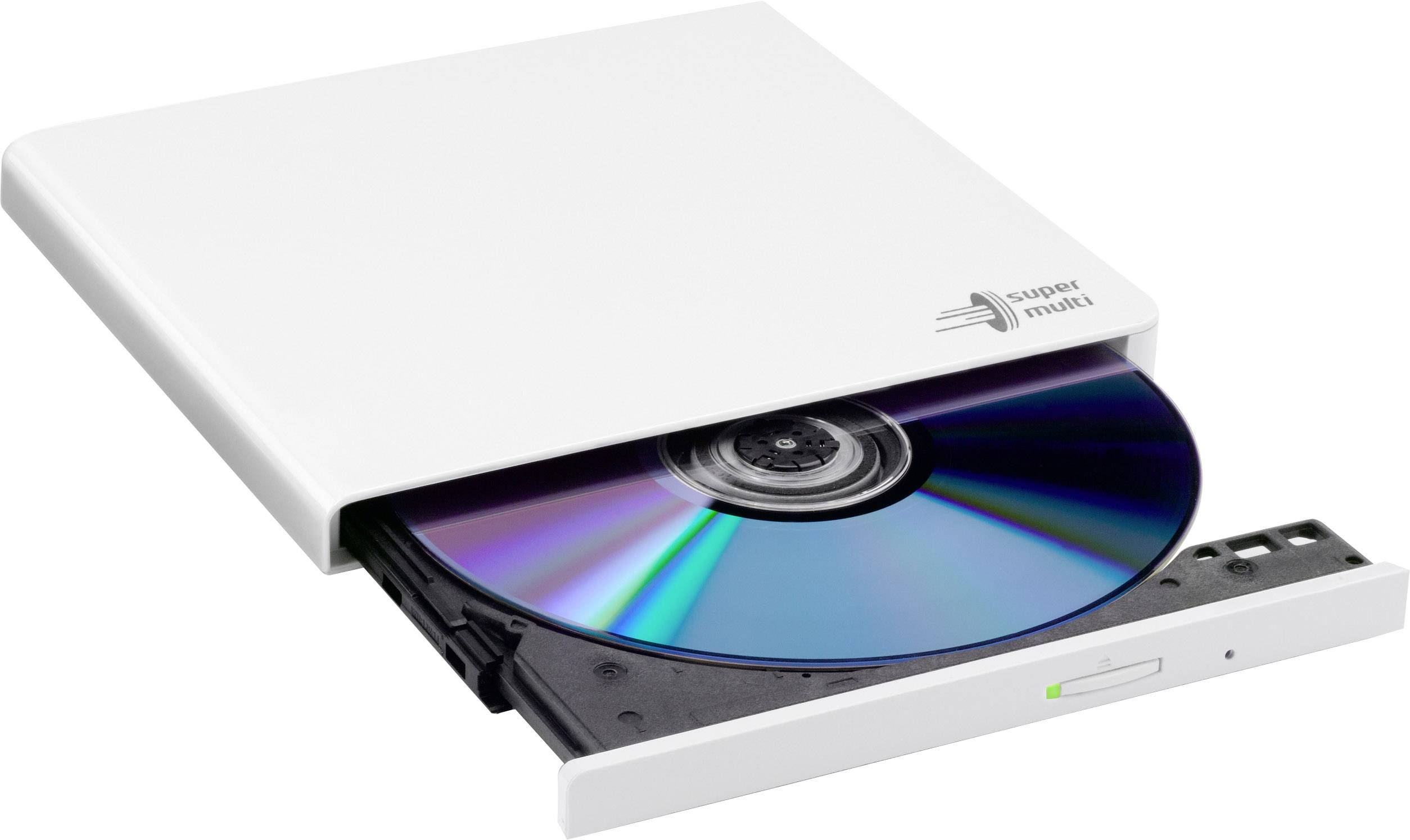 Externí CD/DVD přehrávač v bílé barvě s otevřenou zásuvkou a vloženým diskem. Zařízení ukazuje provozní indikátor se zeleným světlem.