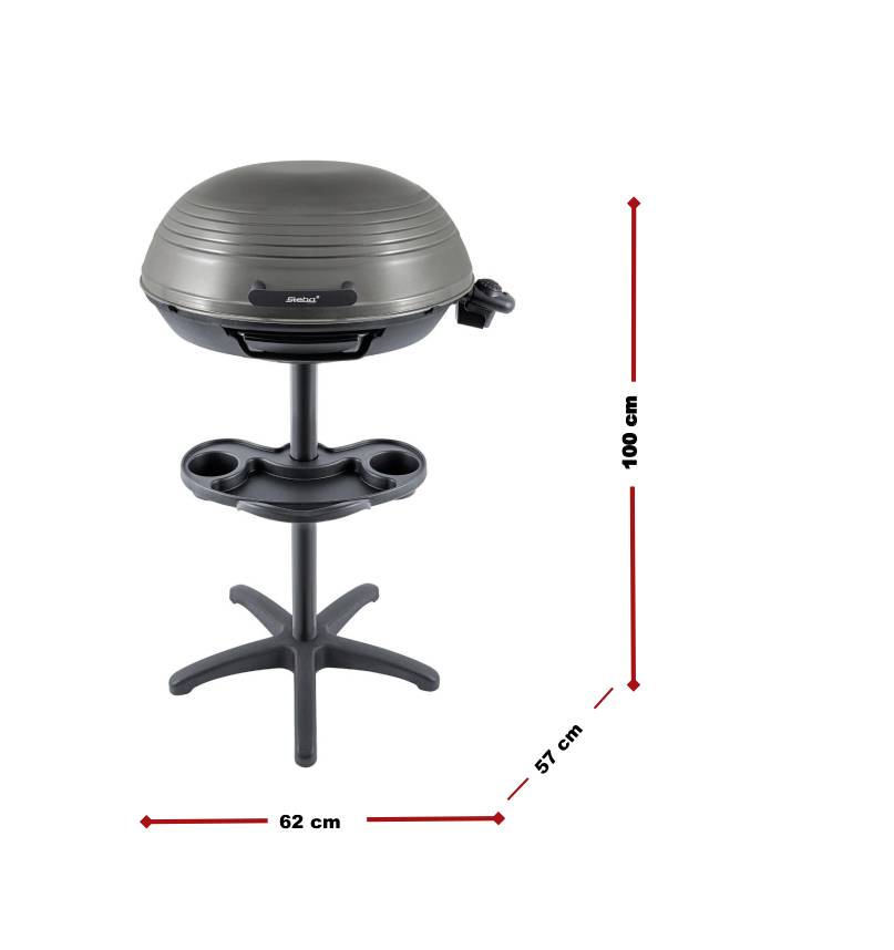 Kulatý elektrický gril na stojanu, s výškou 100 cm a šířkou 62 cm. Ideální pro venkovní grilování.