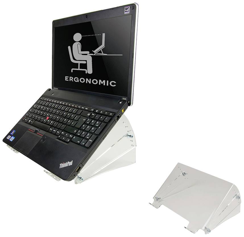 Notebook ThinkPad na ergonomickém stojanu; obrazovka zobrazuje symbol sedící osoby před počítačem s textem 'Ergonomic'.