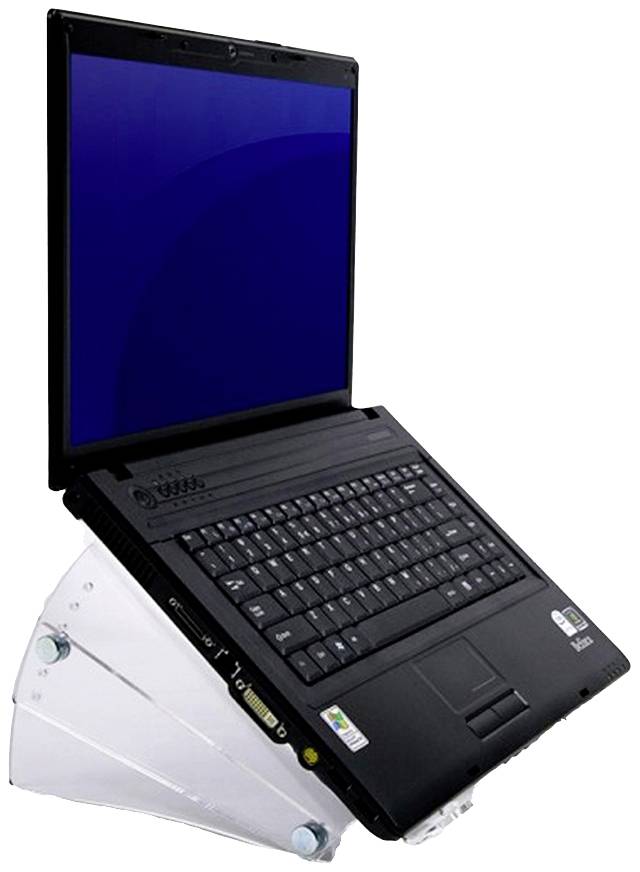 Černý notebook na průhledném stojanu, otevřený s viditelnou klávesnicí a displejem, modrým pozadím na obrazovce.