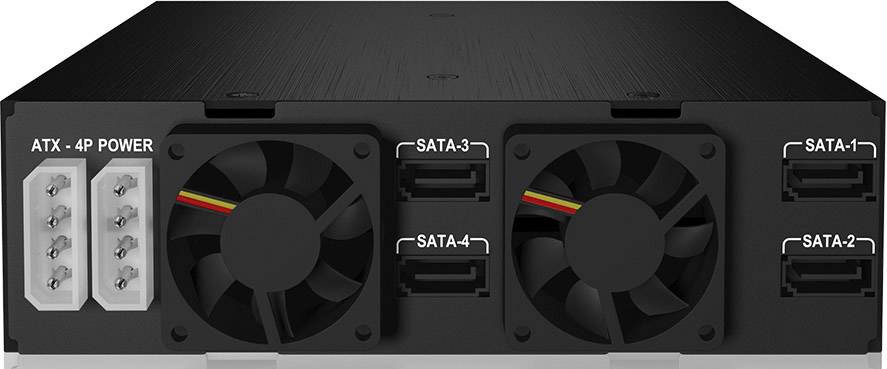 Černá počítačová skříň se dvěma ventilátory a konektory pro SATA a ATX 4P napájení, označená od SATA-1 do SATA-4.