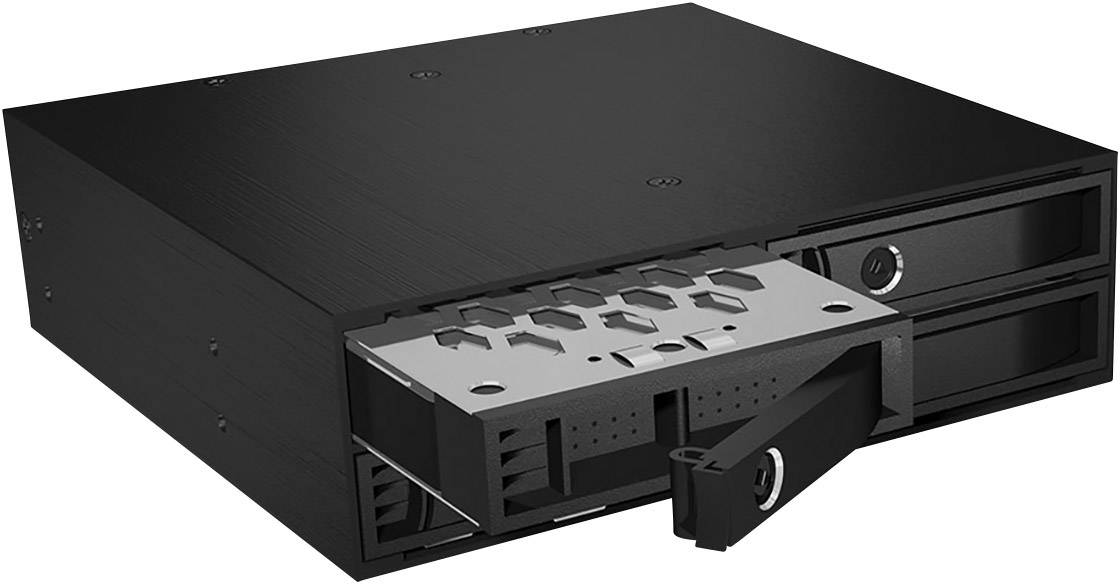 Černý externí box na pevný disk se dvěma pozicemi, z nichž jedna je zčásti vysunutá.