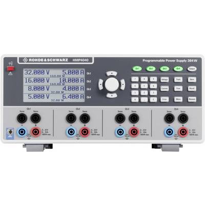 Rohde & Schwarz HMP4040 programovatelný napájecí zdroj se čtyřmi kanály. Displej zobrazuje napětí a proud jednotlivých kanálů.