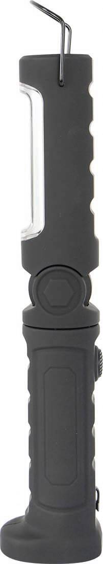 Černá přenosná LED svítilna s háčkem pro zavěšení. Ergonomický design, vhodný do dílny nebo pro venkovní aktivity.