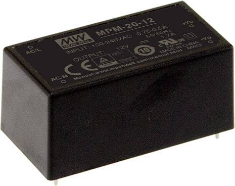 Napájecí zdroj 'MPM-20-12', vstup 100-240V AC, výstup 12V, černý obdélníkový kryt, vhodný pro elektronická zařízení.