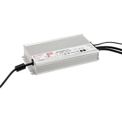 LED driver od Mean Well, model HLG-600H-12A, s chladicími žebry a několika kabelovými připojeními, vhodný pro průmyslové aplikace.
