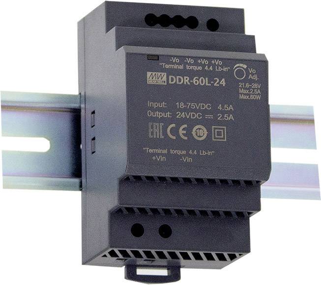 Síťový zdroj na DIN lištu, model 'DDR-60L-24'. Vstup: 18-75VDC, výstup: 24VDC, 2,5A. Černý kryt s textovými detaily.
