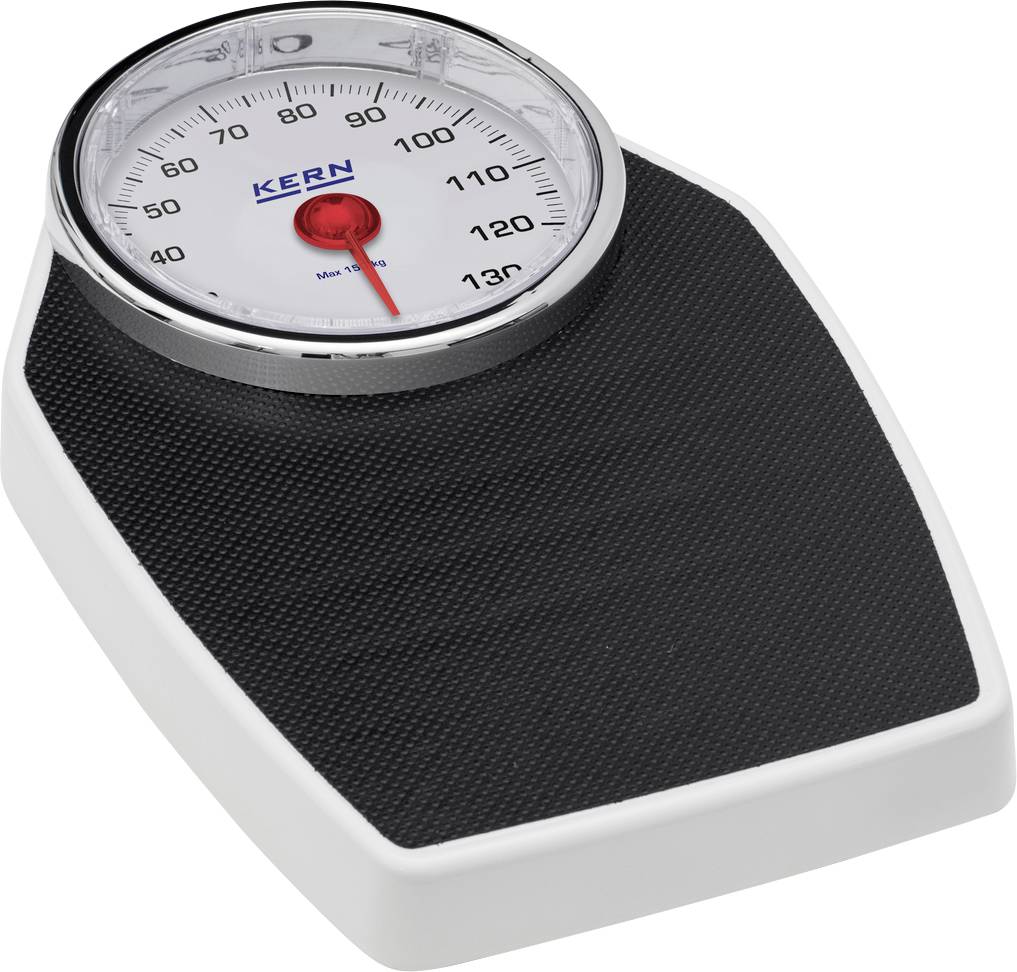 Analogová osobní váha s černou základnou a kulatou stupnicí, která ukazuje hmotnost v kilogramech.