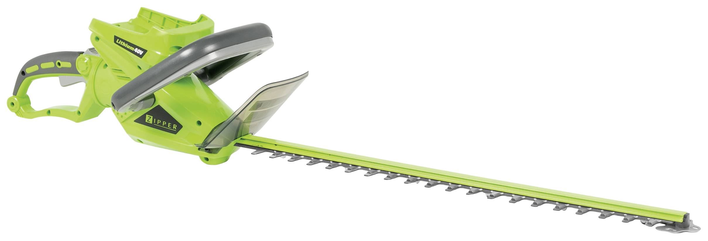 Zelené elektrické zahradní nůžky s ergonomickou rukojetí a dlouhou čepelí.