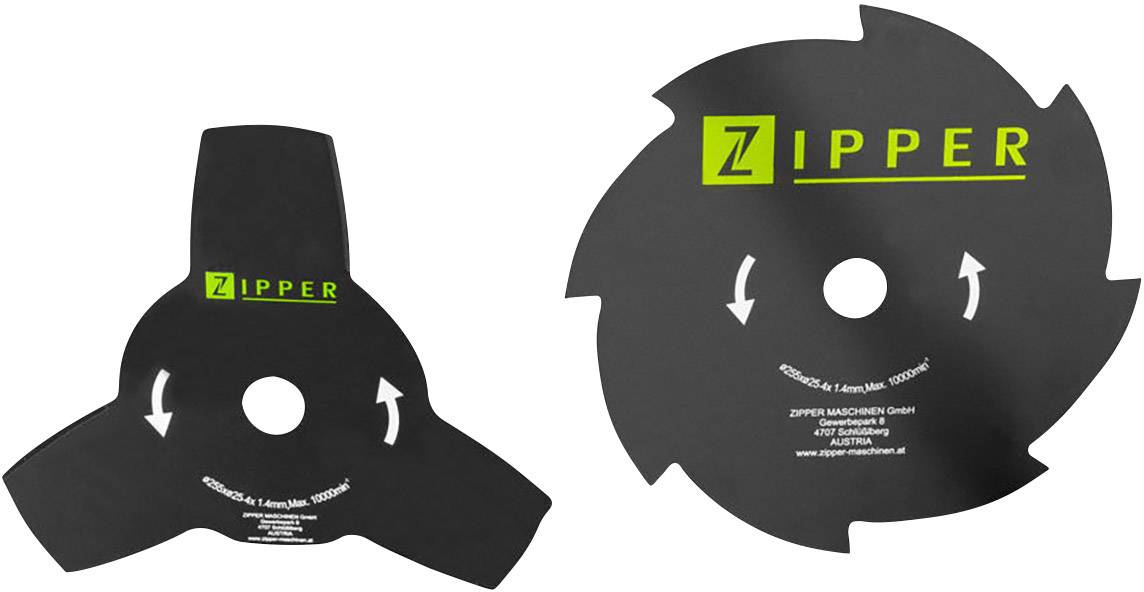 Dva černé řezné nože na zahradní nářadí s vytištěným logem 'ZIPPER' v zelené barvě, včetně směrových šipek a výrobních informací.