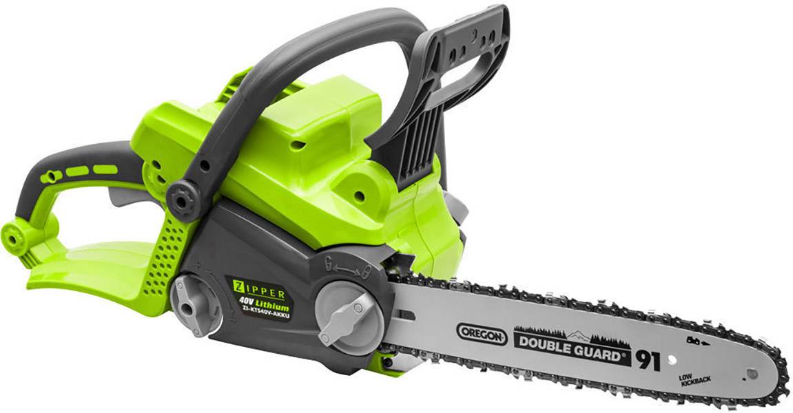 Zelená elektrická řetězová pila s 40V lithiovým akumulátorem. Je vybavena lištou 'OREGON DOUBLE GUARD' a ergonomickou rukojetí.