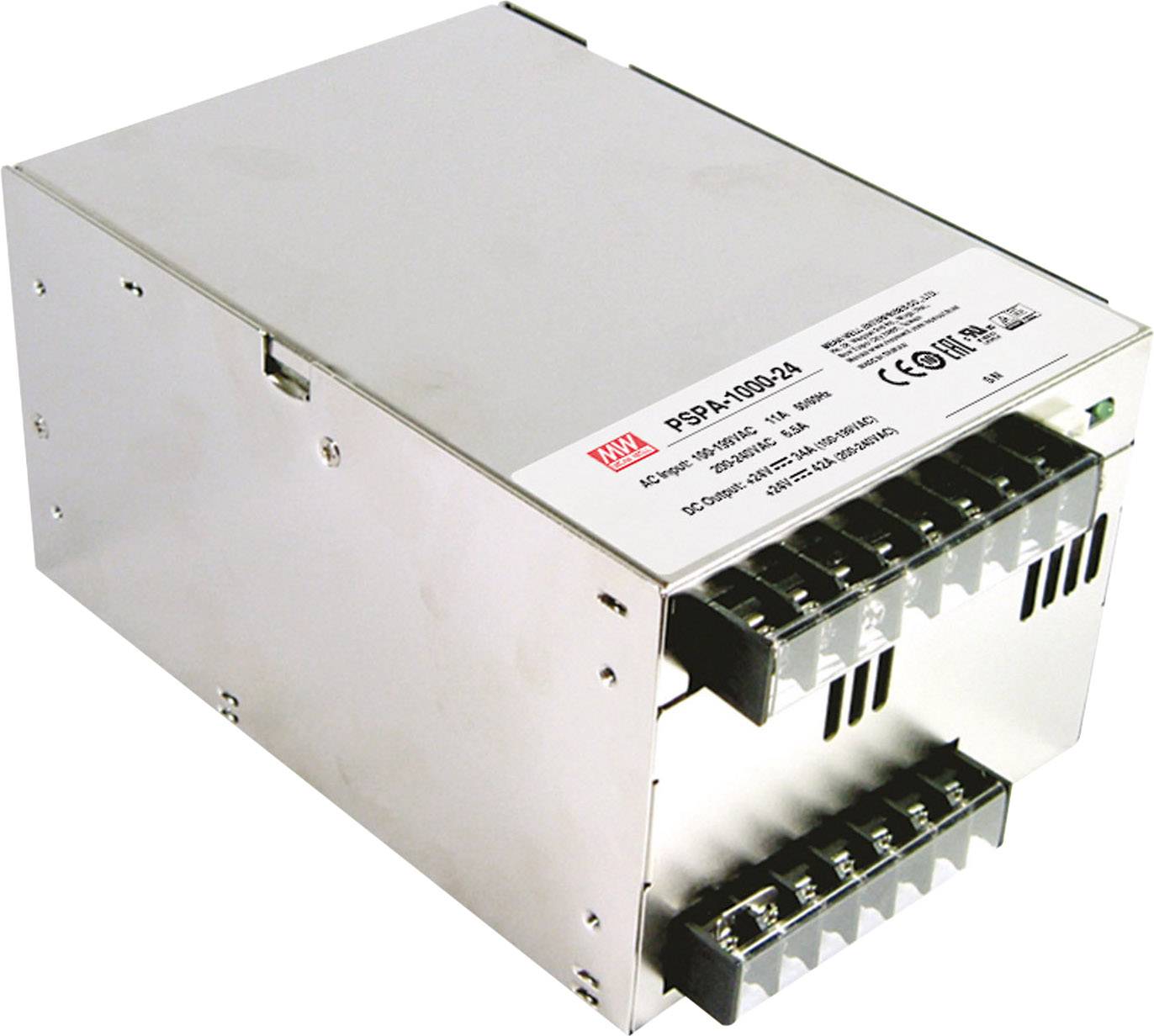 Napájecí zdroj 'Mean Well' s kovovým pouzdrem, model PSPA-1000-24, o výkonu 1000W. Vhodný pro průmyslové aplikace.
