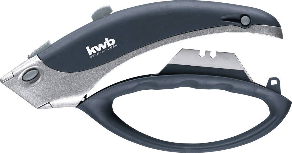 Ergonomický univerzální nůž s integrovaným ostřím, vhodný pro řezání různých materiálů, jako jsou lepenka a látka.