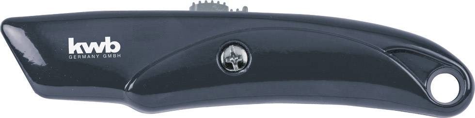 Černý bezpečnostní nůž s ergonomickou rukojetí a čepelí, s nápisem 'kwb GERMANY GMBH', vhodný pro řemeslné práce.