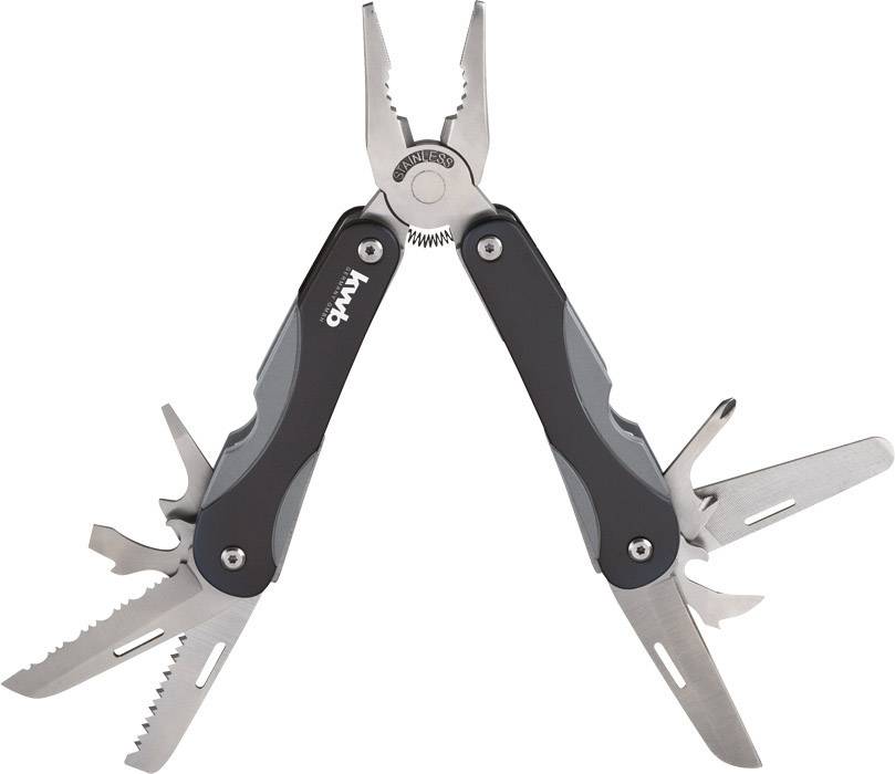 Černý multifunkční nástroj s kleštěmi, nožem, pilkou a šroubovákem, roztažený pro všestranné použití.