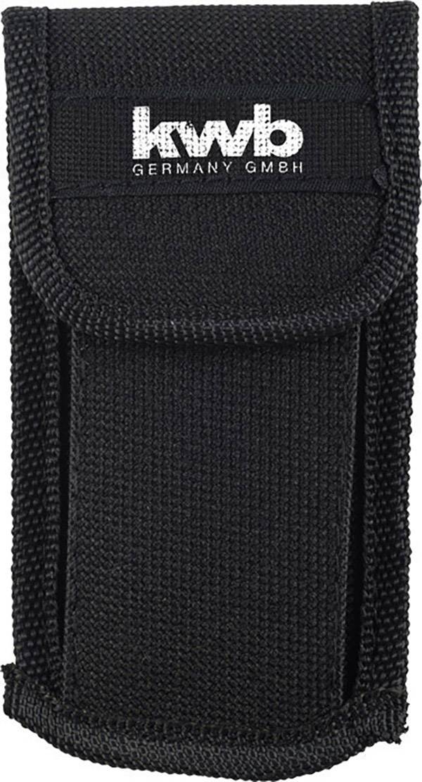 Černá nylonová ledvinka se suchým zipem, opatřená bílým logem 'kwb Germany GmbH', umožňuje bezpečný transport malých nástrojů.