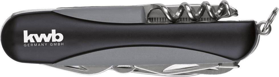 Černošedý multifunkční nástroj s integrovaným otvírákem na víno a dalšími nástroji. Potisk 'kwb Germany GmbH'.
