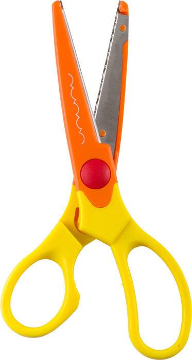 Žluto-oranžové nůžky se zubanou čepelí pro ruční práce.