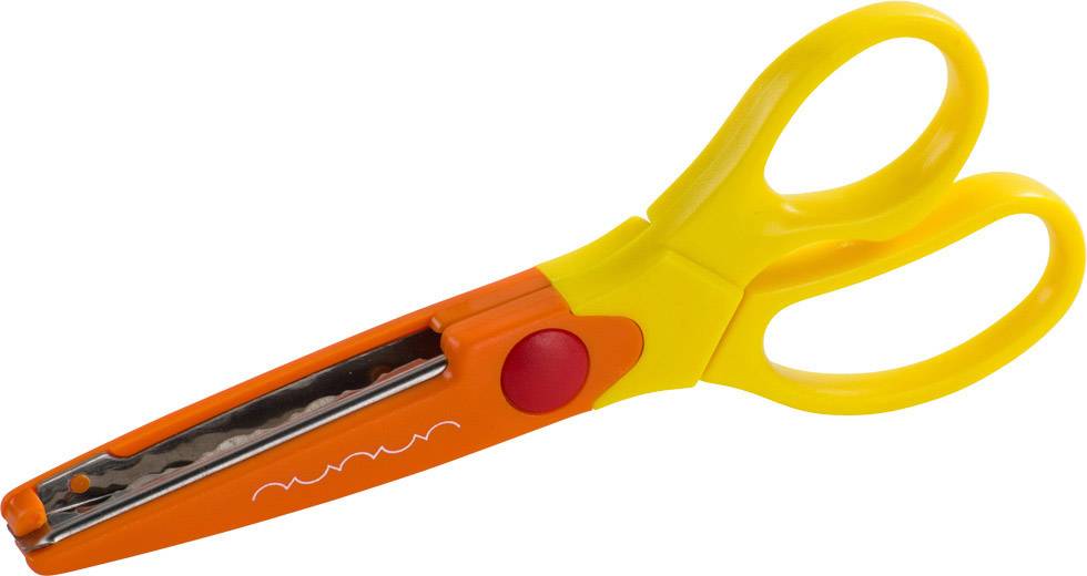 Žluto-oranžové dětské nůžky s vlnitým ostřím, vhodné pro rukodělné práce.