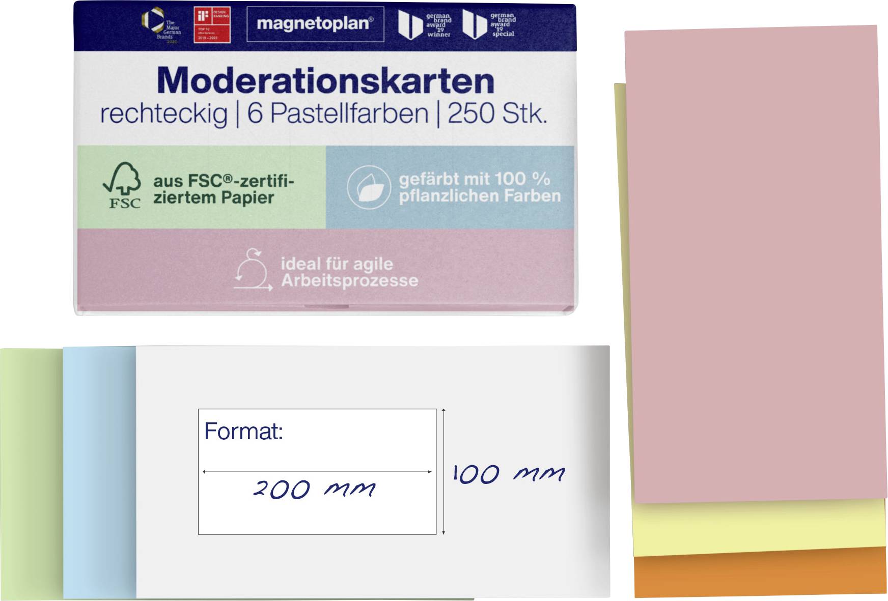 Balení moderačních karet magentoplan, obdélníkové, 6 pastelových barev, 250 listů; zobrazuje papír FSC, rostlinné barviva a velikost 200 mm na 100 mm.