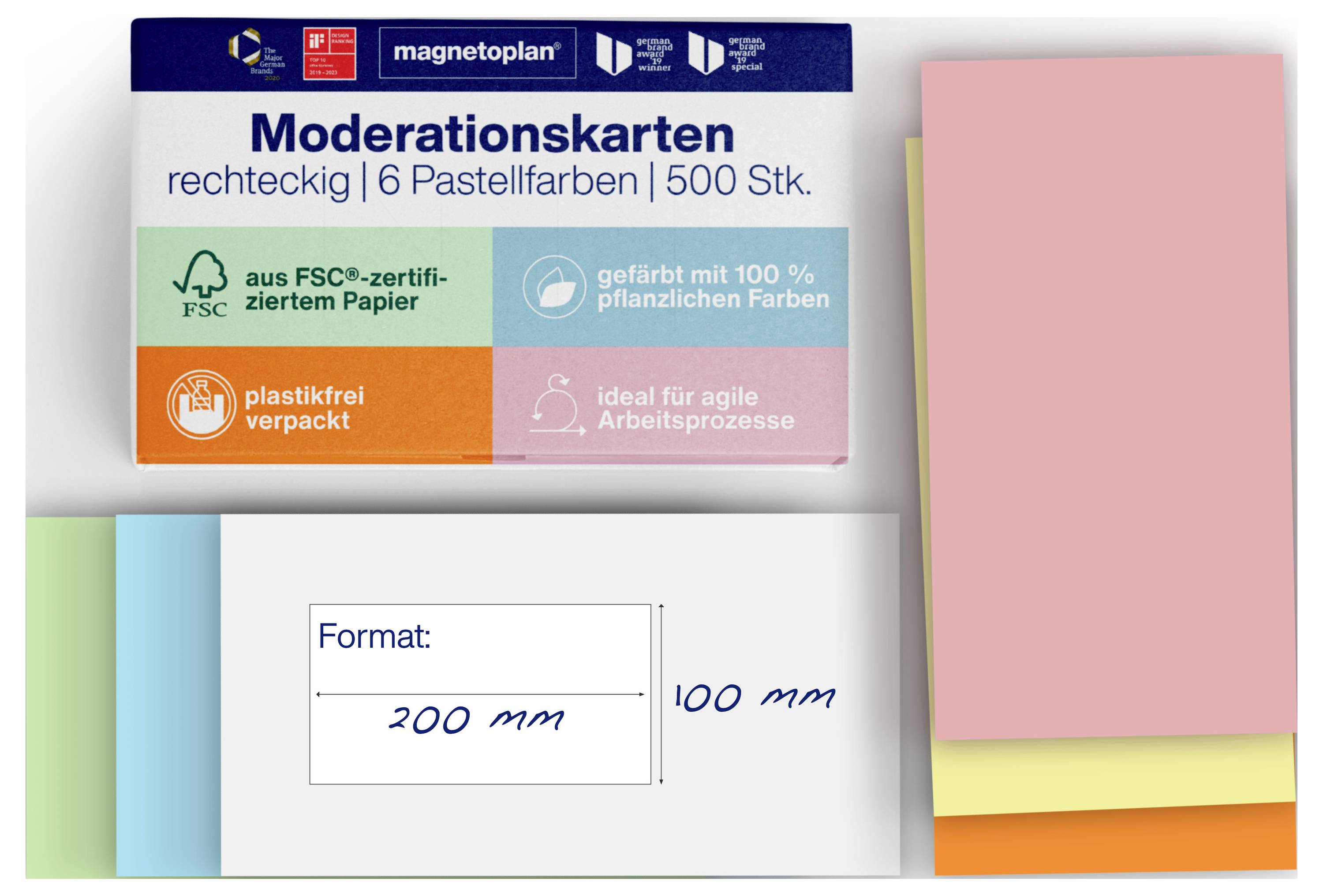 Sada 500 kusů pastelově zbarvených obdélníkových moderačních karet, certifikovaných FSC, bez obsahu plastů, s rozměry 200 mm x 100 mm.