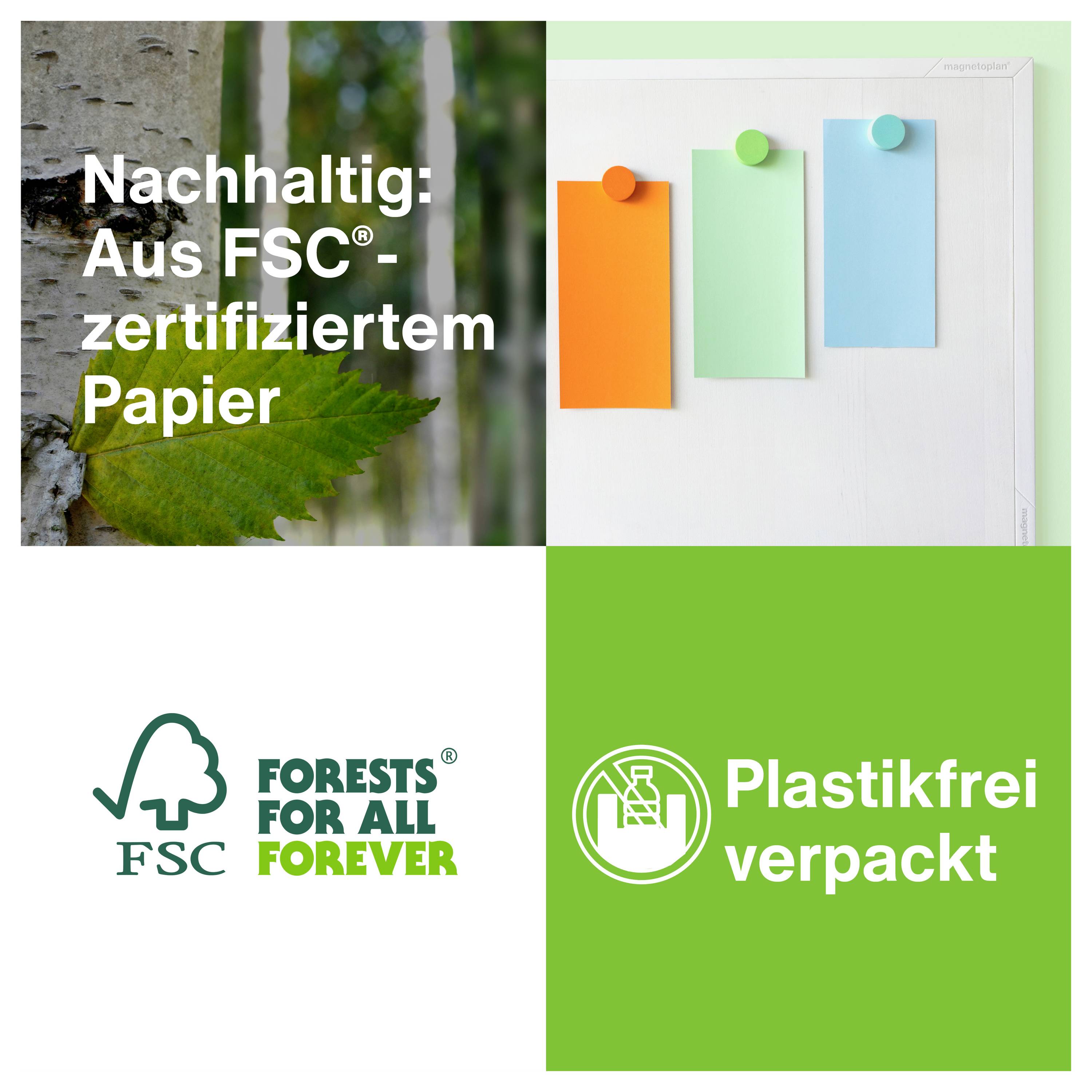 'Udržitelné: Z papíru certifikovaného FSC. Baleno bez plastů.' Tři barevné lístečky na nástěnce, logo FSC a ekologické logo.