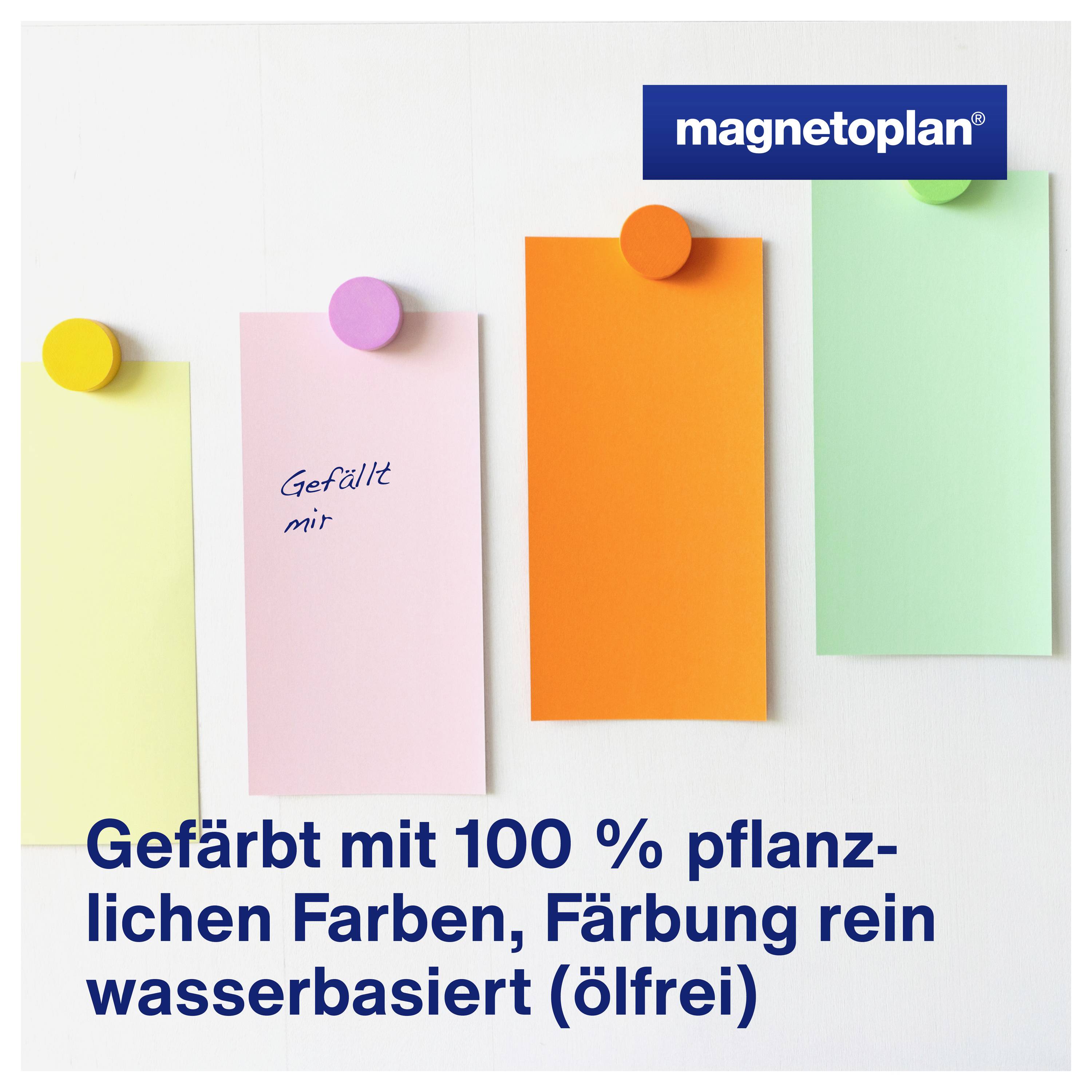 Čtyři barevné poznámkové lístky připevněné na tabuli. Nahoře vpravo logo 'magnetoplan'. Dole text: 'Obarveno 100% rostlinnými barvivy, barvení čistě na vodní bázi (bez oleje)'.