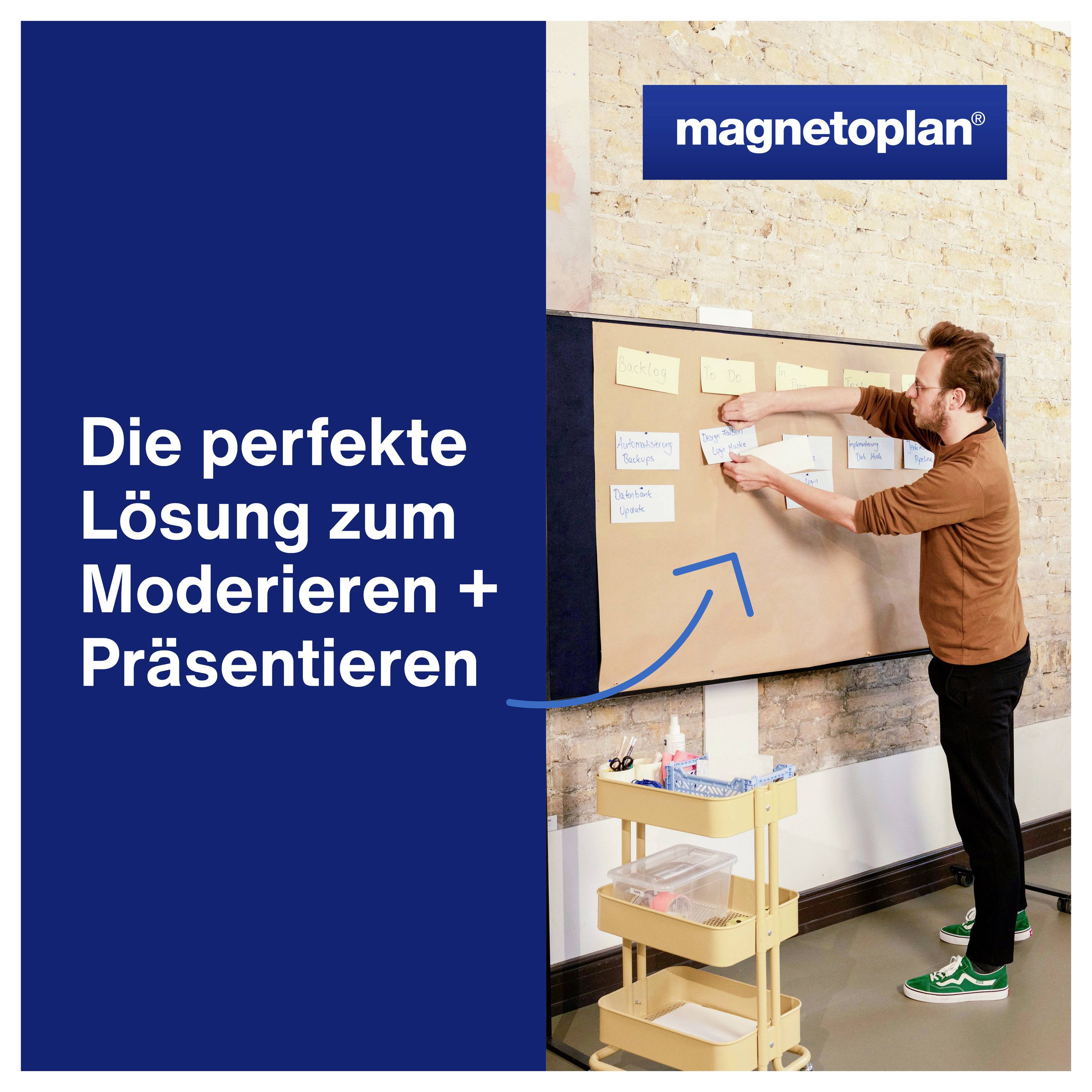 Muž připevňuje papírové karty na nástěnku. Text: 'Perfektní řešení pro moderování + prezentaci'. Logo Magnetoplan nahoře vpravo.