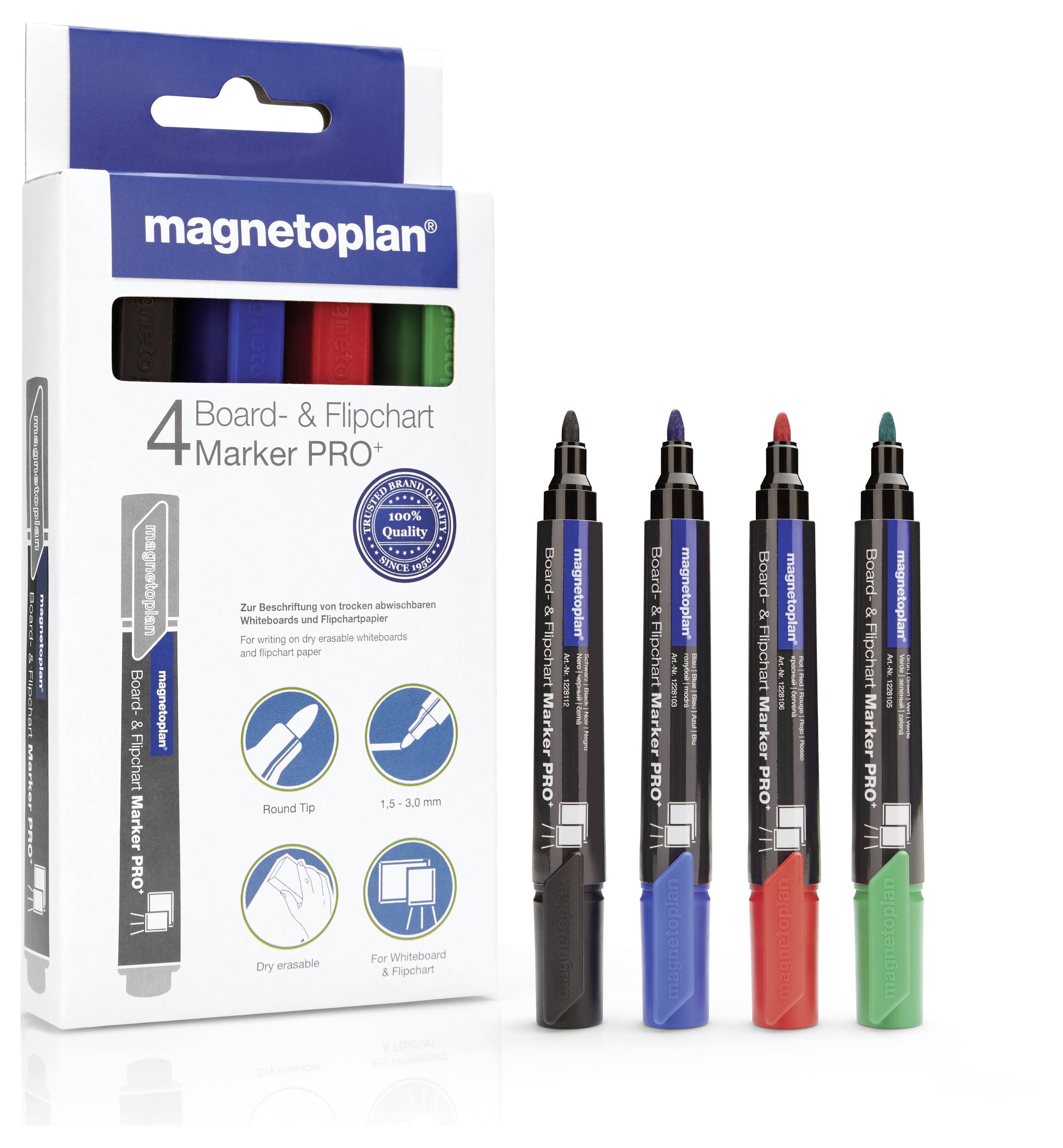 Sada čtyř popisovačů v krabičce označené "magnetoplan 4 Board & Flipchart Marker PRO" s viditelnými černými, červenými, modrými a zelenými popisovači.