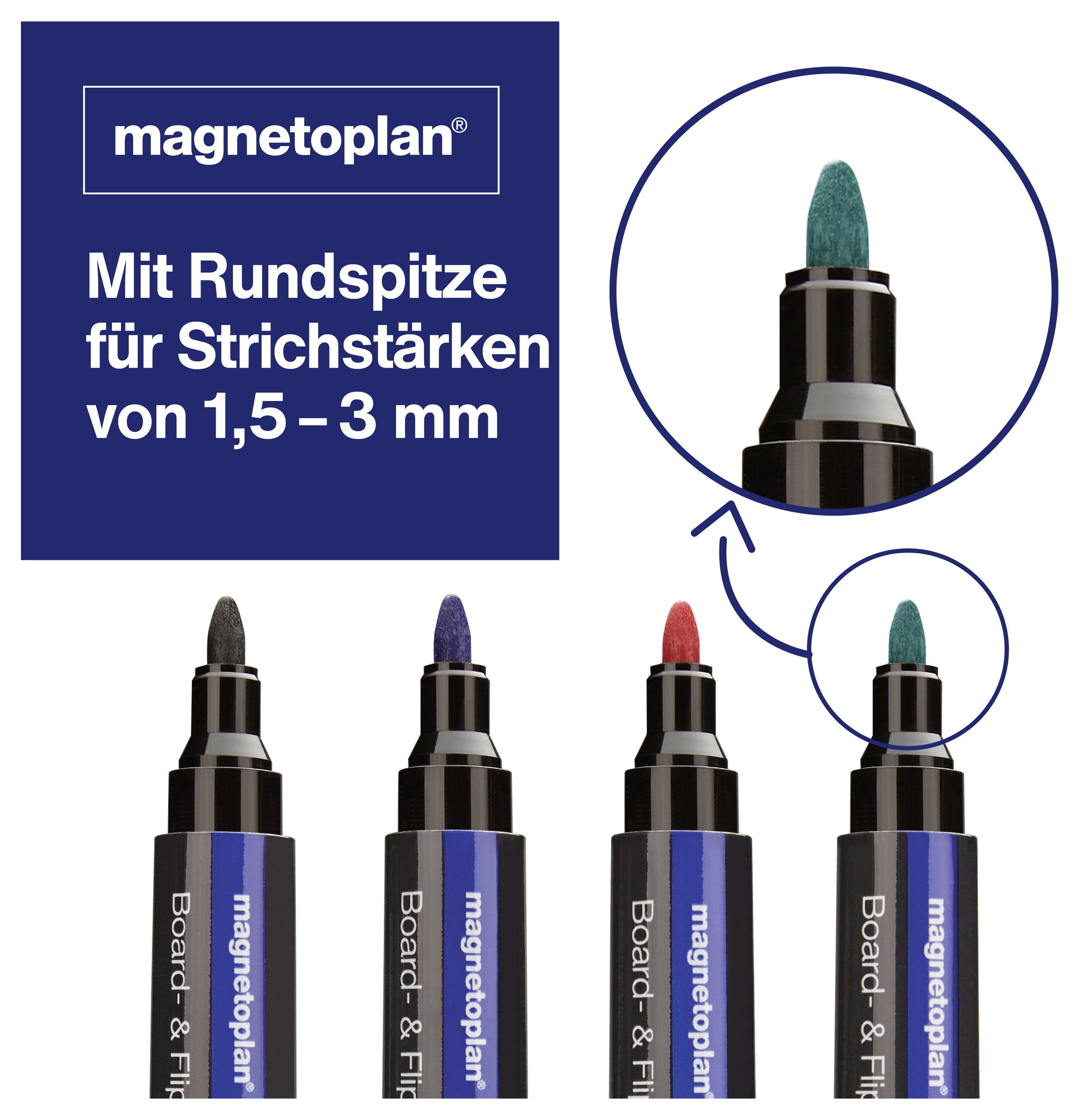 Čtyři plstěné fixy se zakulaceným hrotem od společnosti magnetoplan v různých barvách. Text: „Se zakulaceným hrotem pro tloušťku čar 1,5 – 3 mm".
