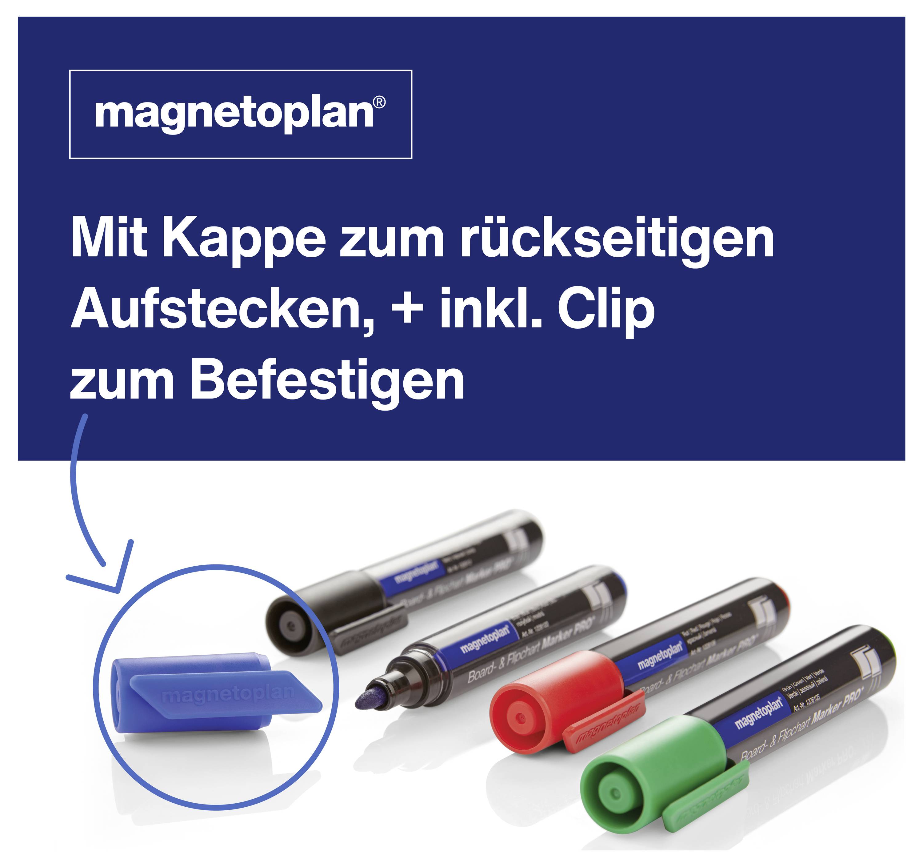 Tři barevné popisovače na bílou tabuli s modrými, červenými a zelenými víčky. Text informuje o nasazovacím víčku a klipsu pro připevnění.