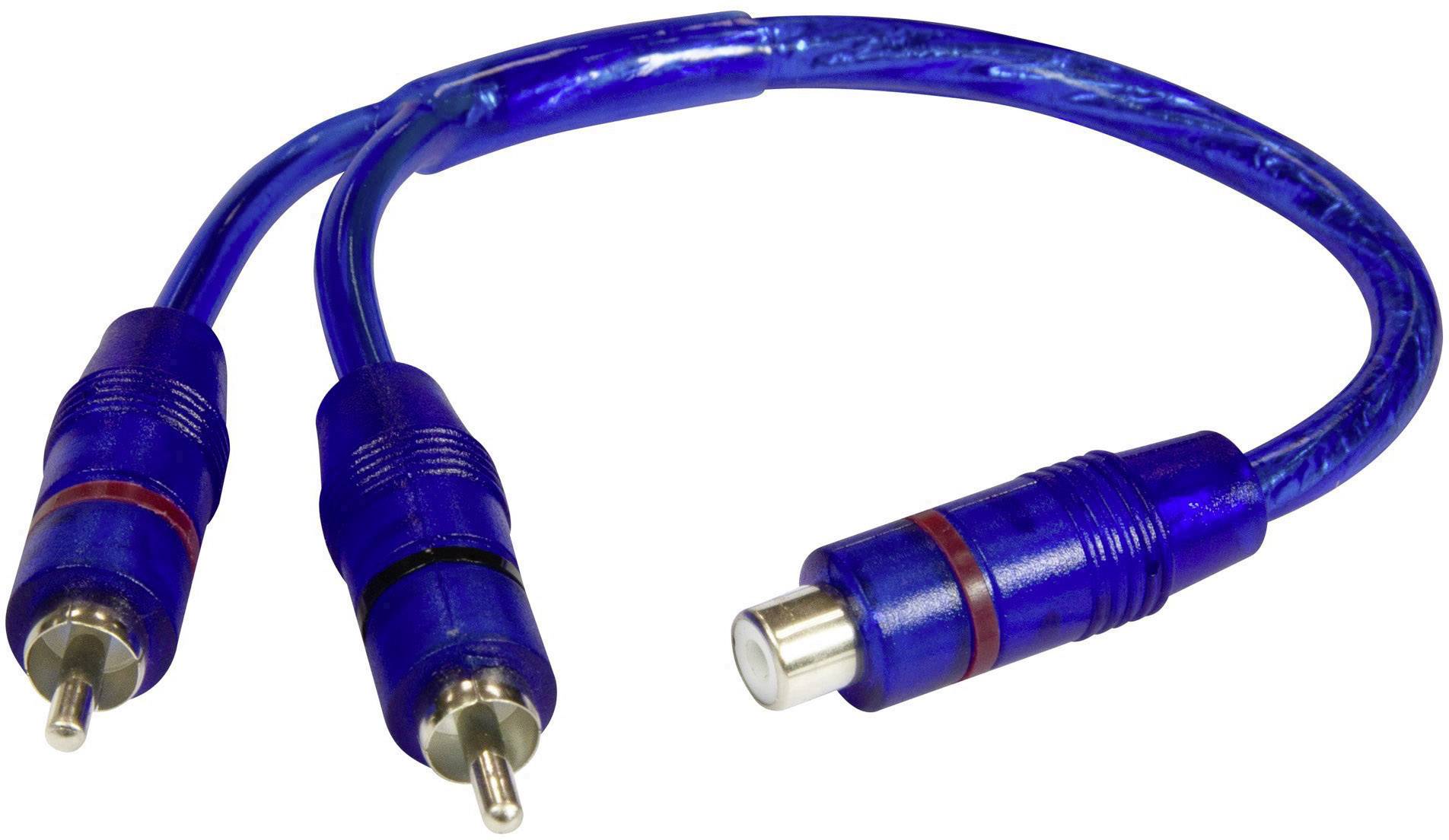 Modrý cinch Y-adaptérový kabel se dvěma zástrčkami a jednou zdířkou pro připojení audio zařízení.