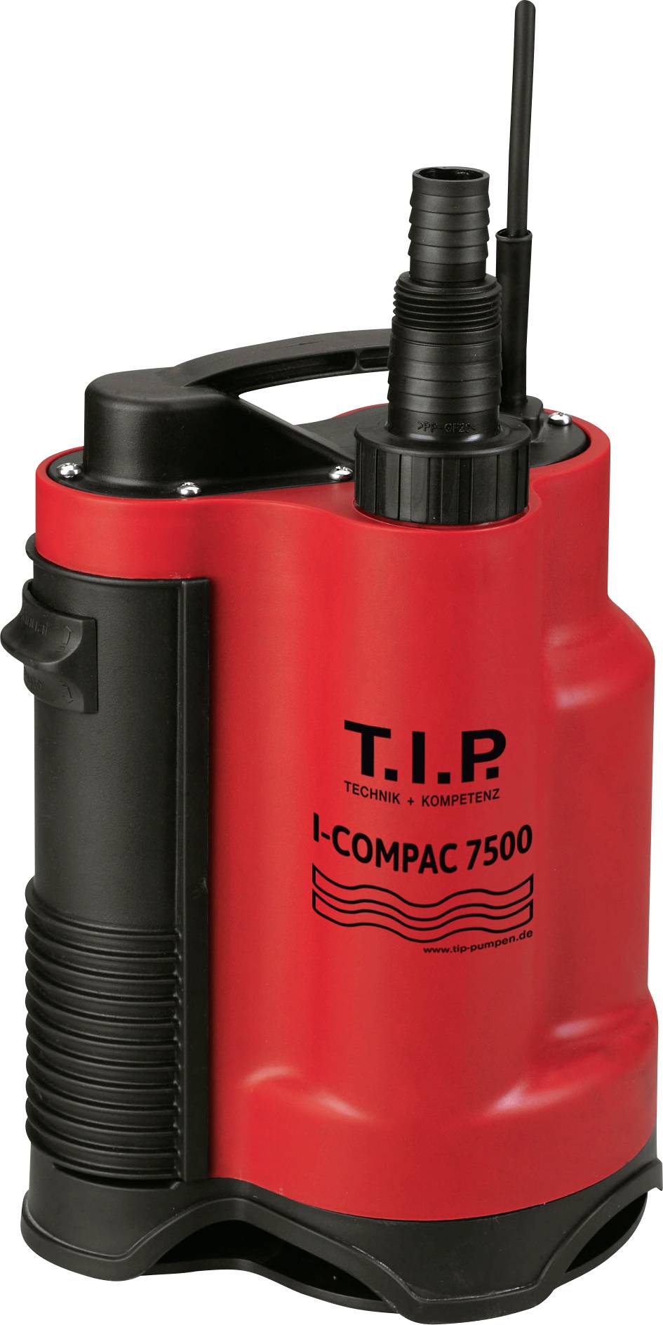 Červené vodní čerpadlo s nápisem 'T.I.P I-COMPACT 7500'. Má černé rukojeti a přípojky.