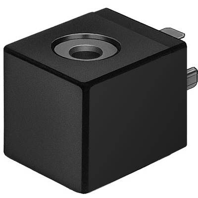 Černá čtvercová skříň elektromagnetického ventilu s kulatým otvorem uprostřed, pohled z jedné strany.