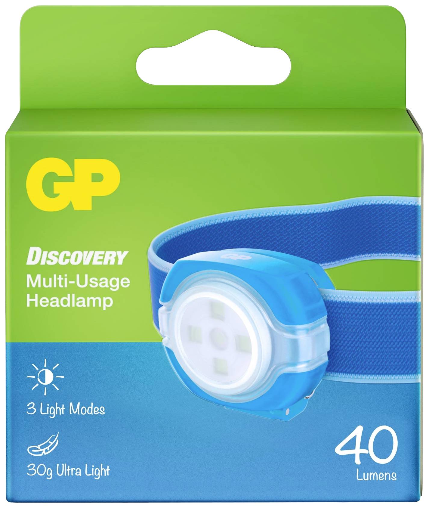 Obal ukazuje modrou čelovou svítilnu GP Discovery se třemi světelnými módy a 40 lumeny. Svítilna je ultralehká s hmotností pouhých 30 g.