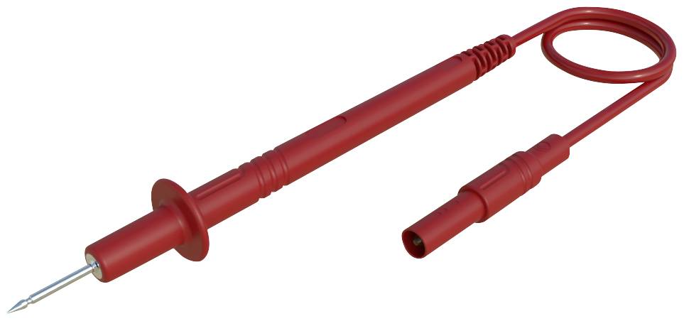 Červená měřicí sonda s kabelem, běžně používaná pro elektrická měření, leží před neutrálním pozadím.