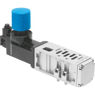 Elektronický ventil s modrým otočným knoflíkem na stříbrném krytu, který pravděpodobně slouží k řízení toku kapalin nebo plynů.